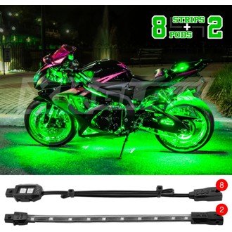 Strips Single Color XKGLOW LED Accent Light Motorcycle Kit Green - 8xPod + 2x8In