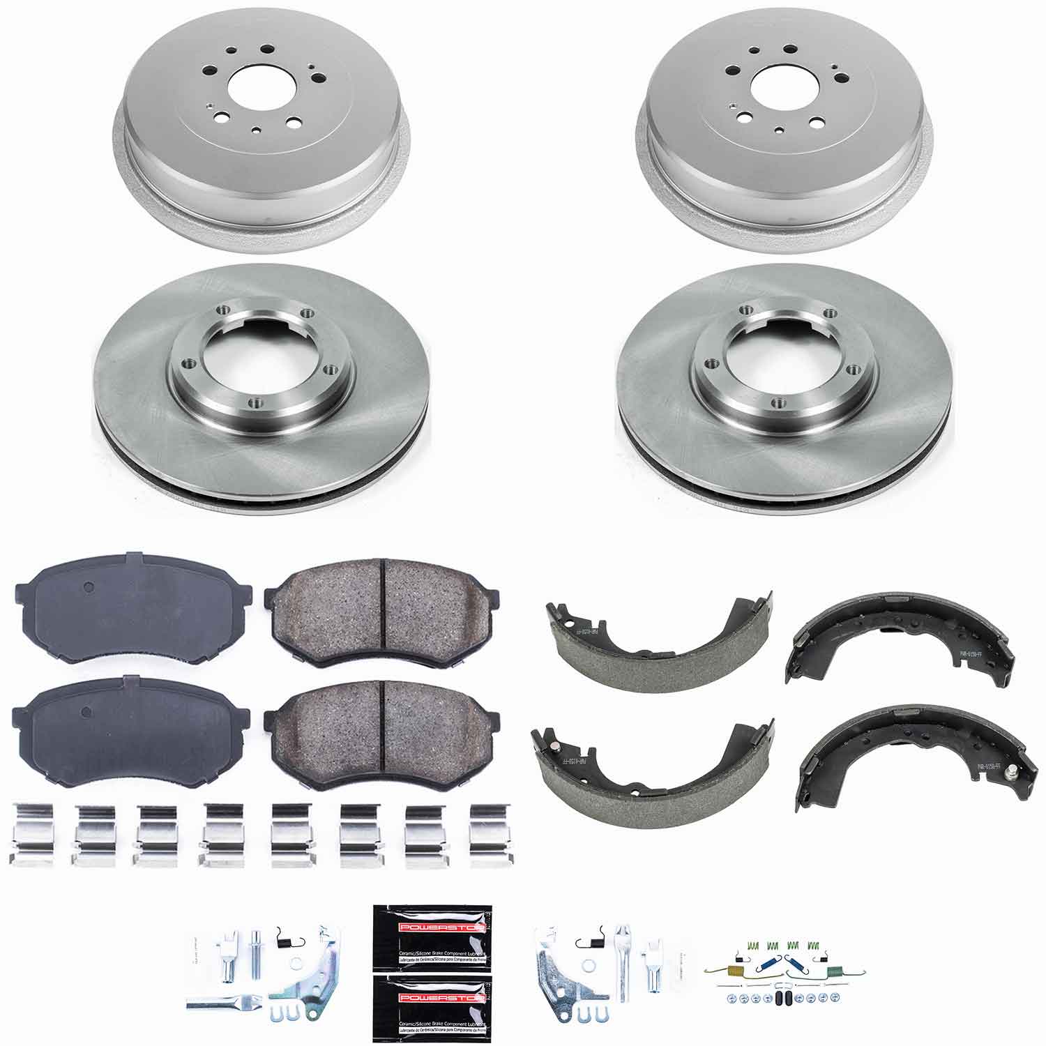Oe Stock Replacement Low-Dust Ceramic Brake Pad, Rotors, Drum + Shoe Kit