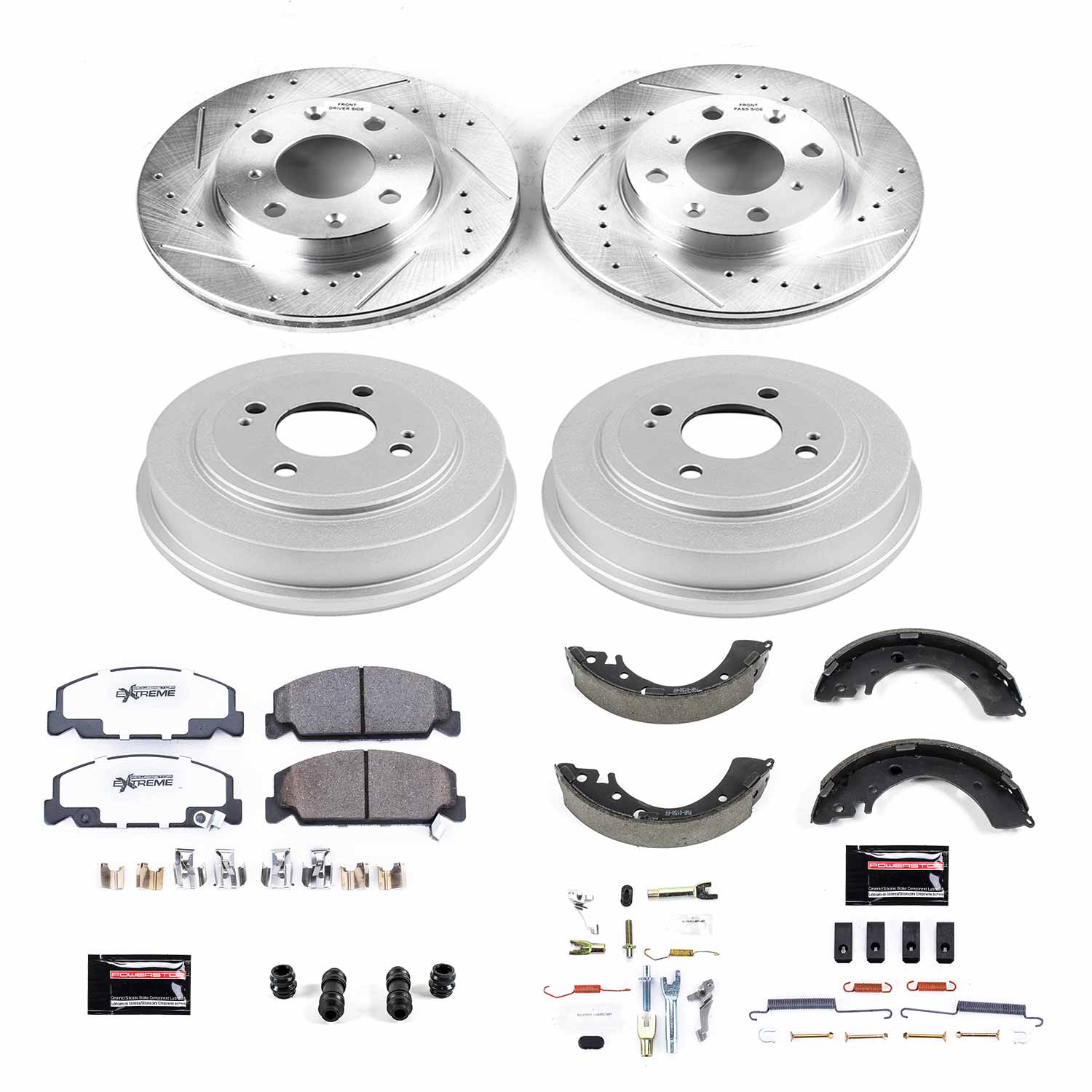 Z26 Street Ceramic Brake Pads, Drilled + Slotted Rotors, Drum + Shoe Kit