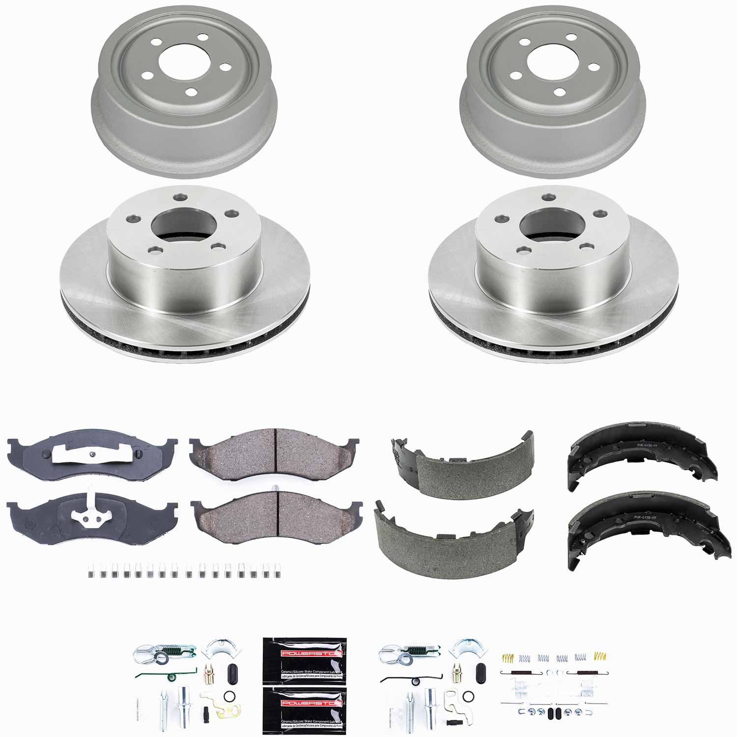 Oe Stock Replacement Low-Dust Ceramic Brake Pad, Rotors, Drum + Shoe Kit