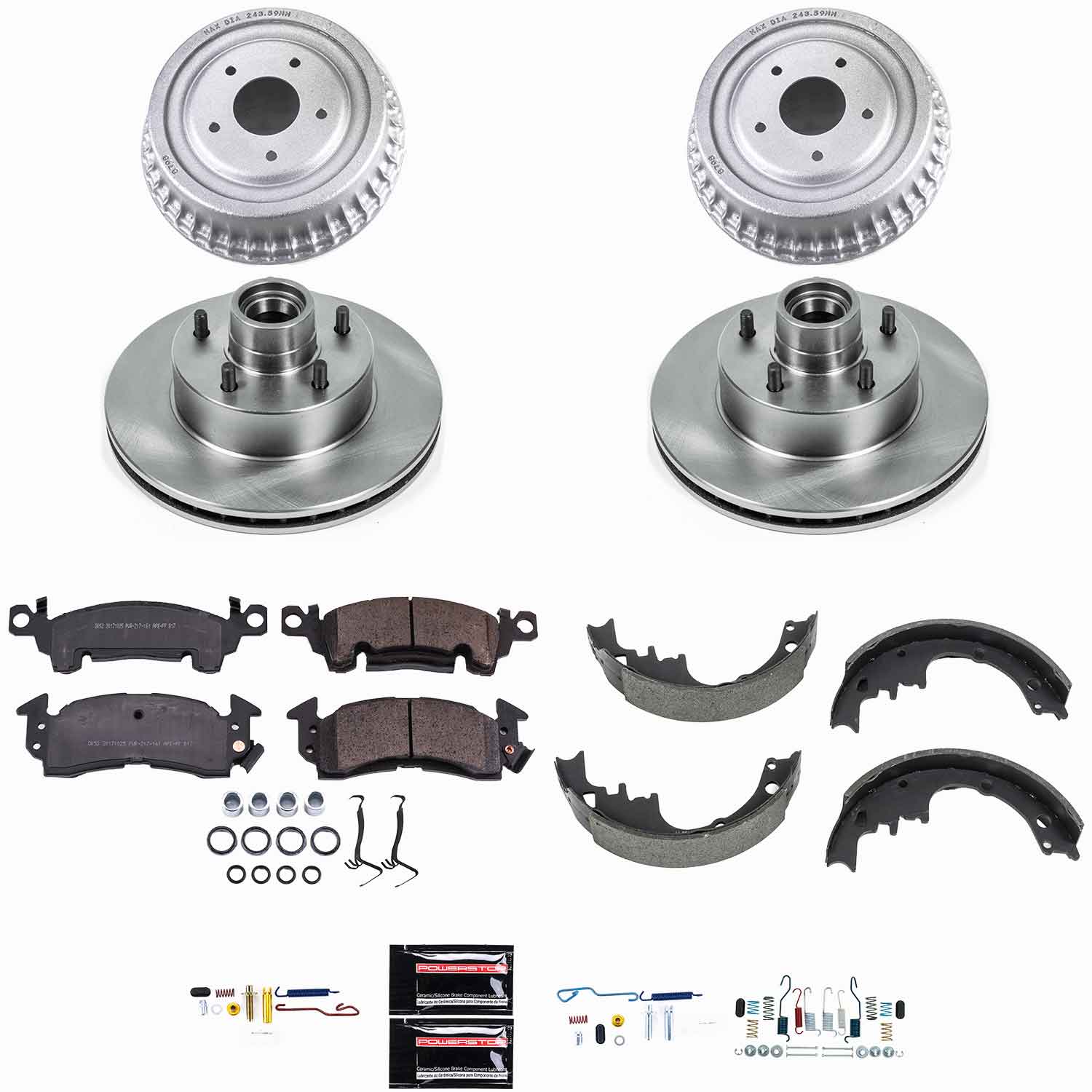 Oe Stock Replacement Low-Dust Ceramic Brake Pad, Rotors, Drum + Shoe Kit