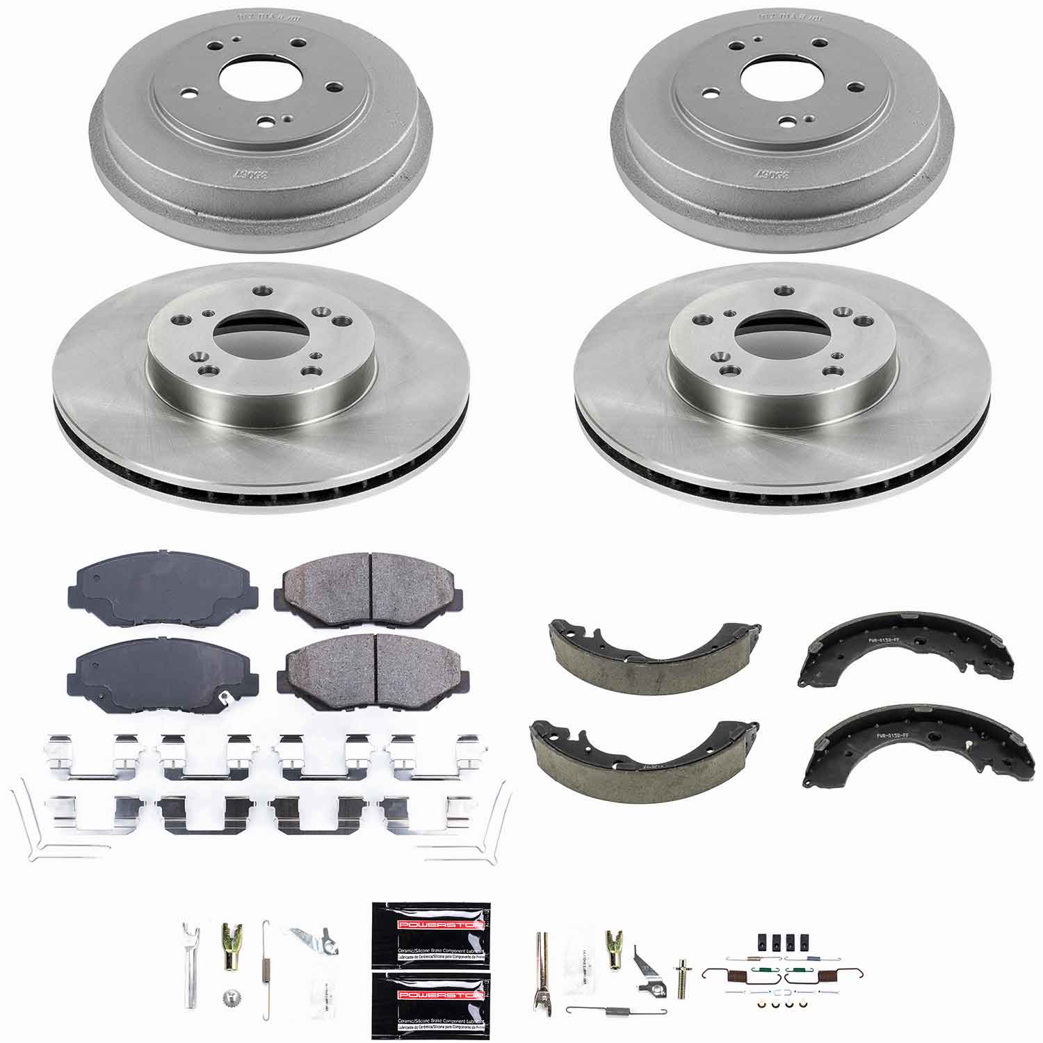 Oe Stock Replacement Low-Dust Ceramic Brake Pad, Rotors, Drum + Shoe Kit