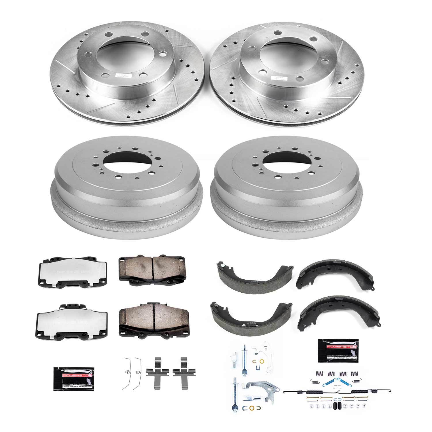 Z36 Truck Ceramic Brake Pads, Drilled + Slotted Rotors, Drum + Shoe Kit