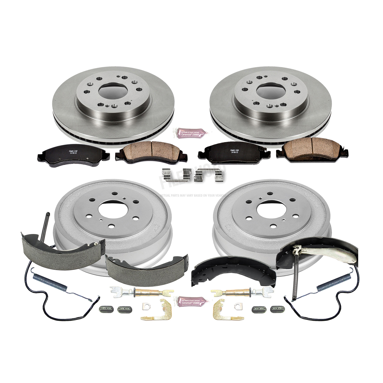 Oe Stock Replacement Low-Dust Ceramic Brake Pad, Rotors, Drum + Shoe Kit
