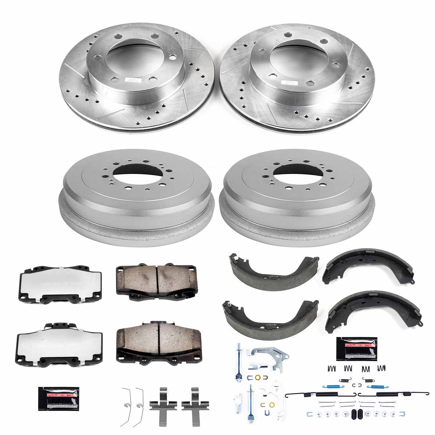 Z36 Truck Ceramic Brake Pads, Drilled + Slotted Rotors, Drum + Shoe Kit