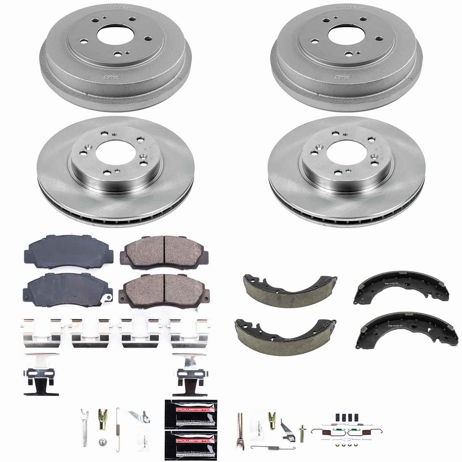 Oe Stock Replacement Low-Dust Ceramic Brake Pad, Rotors, Drum + Shoe Kit