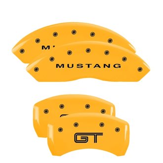 MGP 4 Caliper Covers Engraved Front Mustang - Engraved Rear S197/GT - Yellow Finish Blk Characters